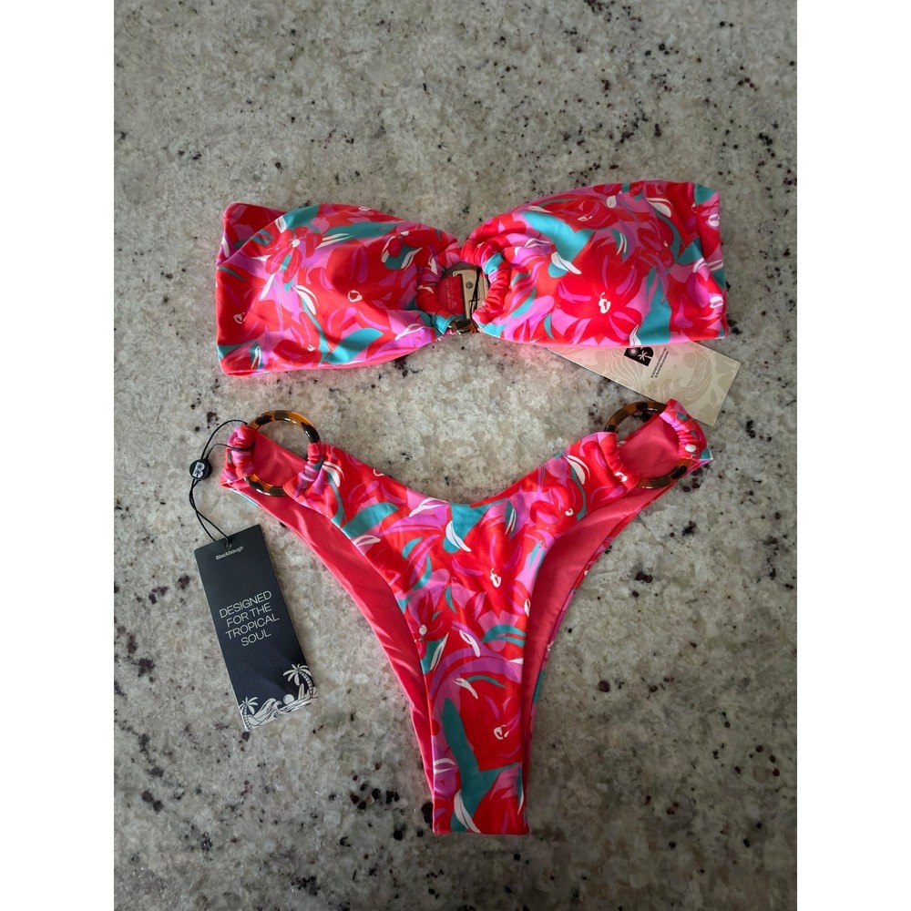 Blackbough Swim Bikini Set Floral Bandeau Top Ring Bottoms NWT, Top L, Bottom S